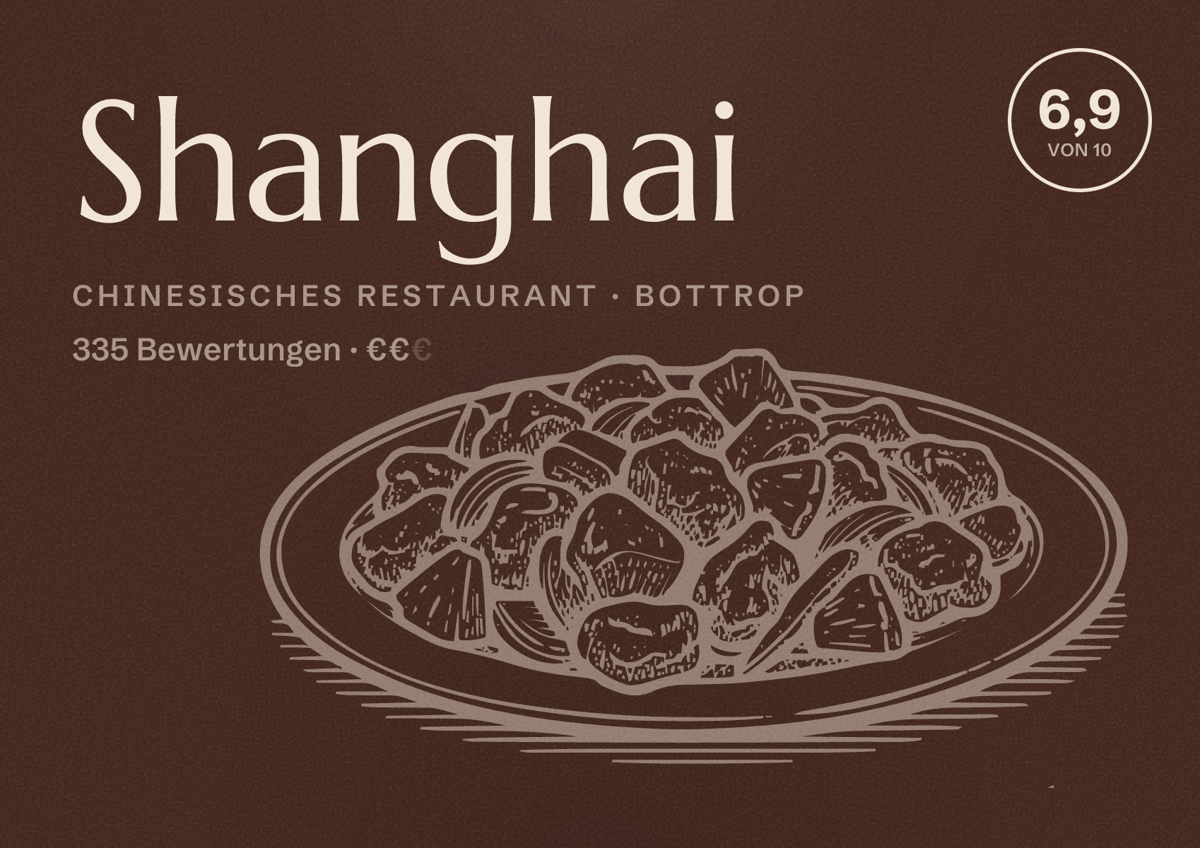 Illustriertes Poster von Shanghai, Chinesisches Restaurant in Bottrop: Bewertung 6,9 von 10 aus 335 Bewertungen, Preisniveau €€