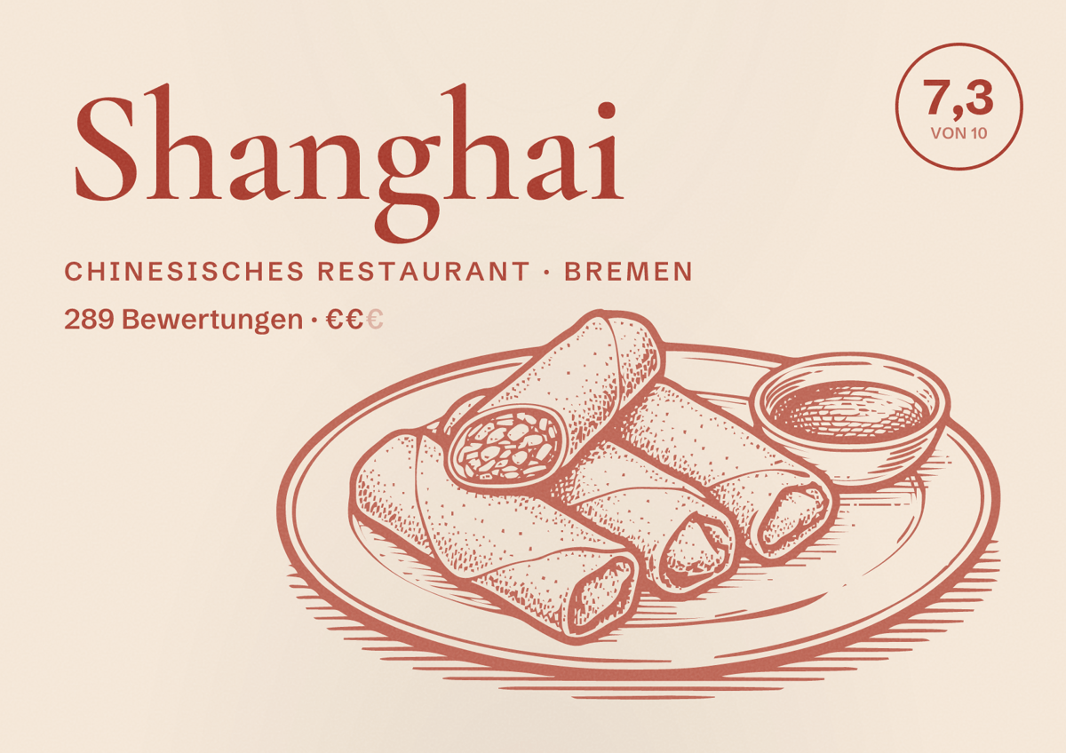 Illustriertes Poster von Shanghai, Chinesisches Restaurant in Bremen: Bewertung 7,3 von 10 aus 289 Bewertungen, Preisniveau €€
