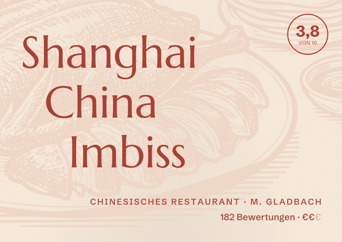 Illustriertes Poster von Shanghai China Imbiss, Chinesisches Restaurant in M. Gladbach: Bewertung 3,8 von 10 aus 182 Bewertungen, Preisniveau €€