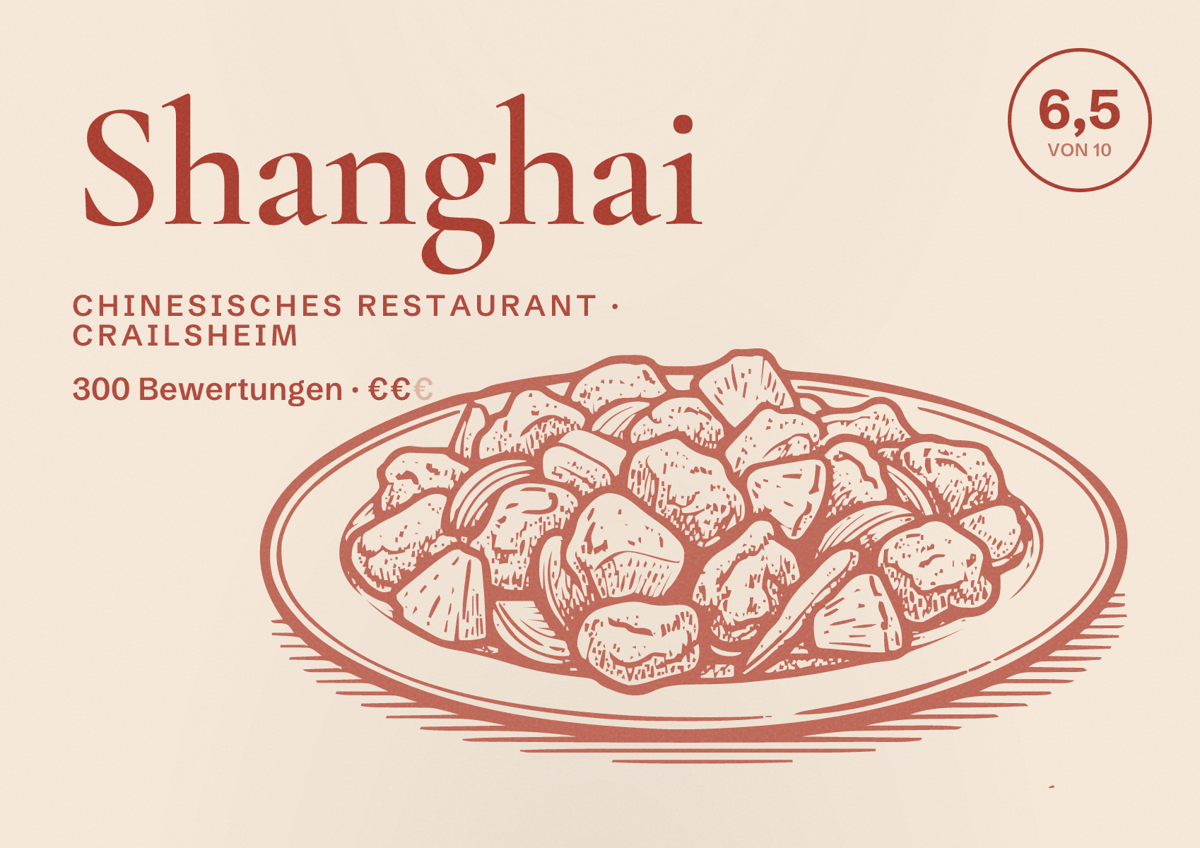 Illustriertes Poster von Shanghai, Chinesisches Restaurant in Crailsheim: Bewertung 6,5 von 10 aus 300 Bewertungen, Preisniveau €€