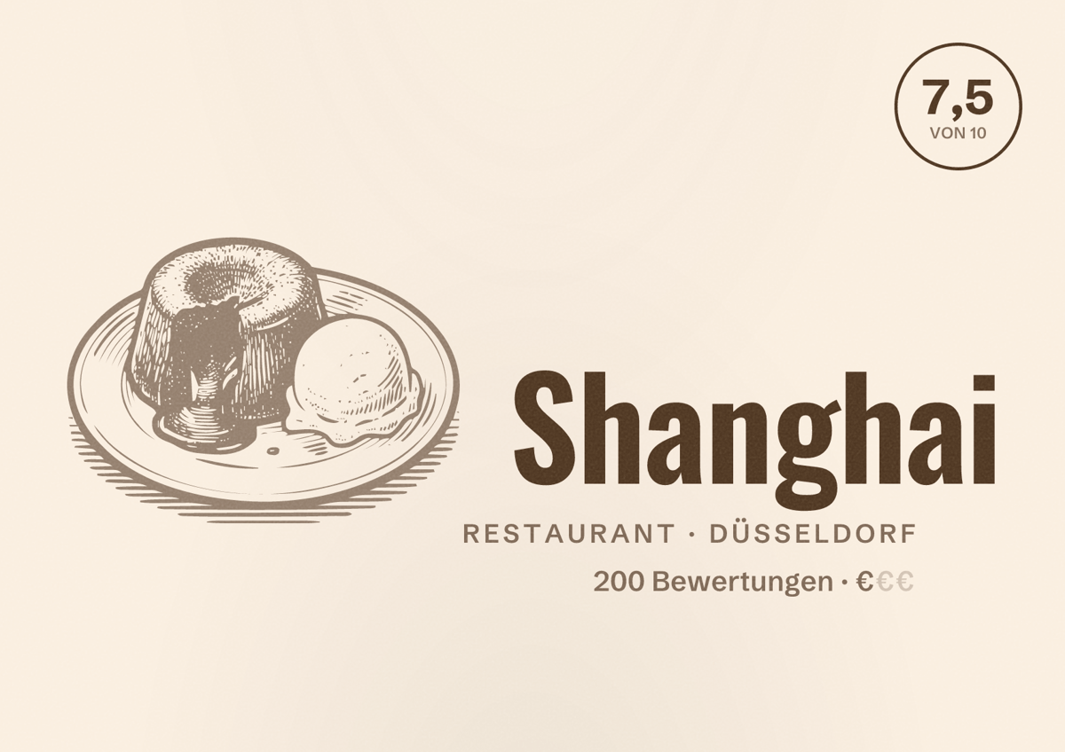 Illustriertes Poster von Shanghai, Restaurant in Düsseldorf: Bewertung 7,5 von 10 aus 200 Bewertungen, Preisniveau €