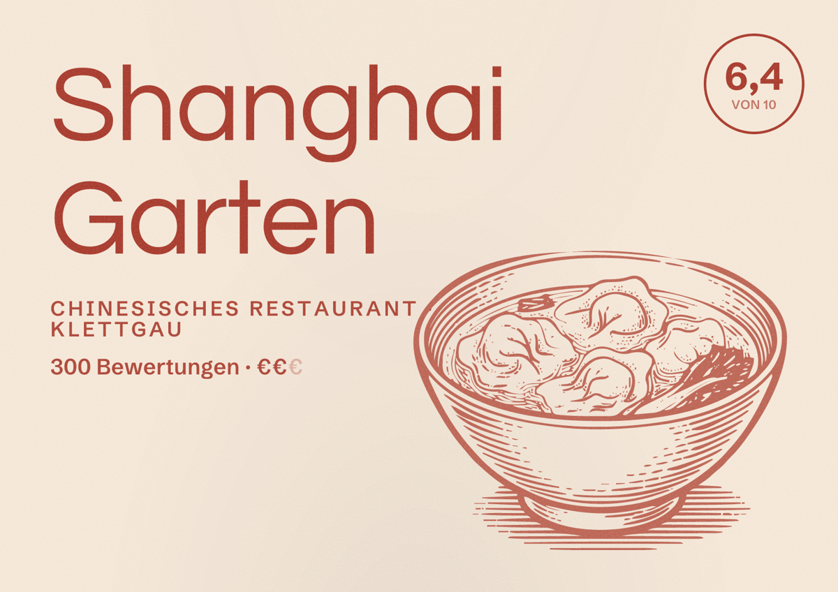 Illustriertes Poster von Shanghai Garten, Chinesisches Restaurant in Klettgau: Bewertung 6,4 von 10 aus 300 Bewertungen, Preisniveau €€