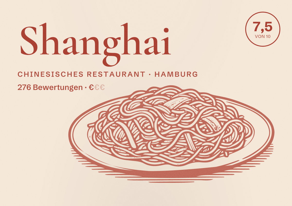 Illustriertes Poster von Shanghai, Chinesisches Restaurant in Hamburg: Bewertung 7,5 von 10 aus 276 Bewertungen, Preisniveau €