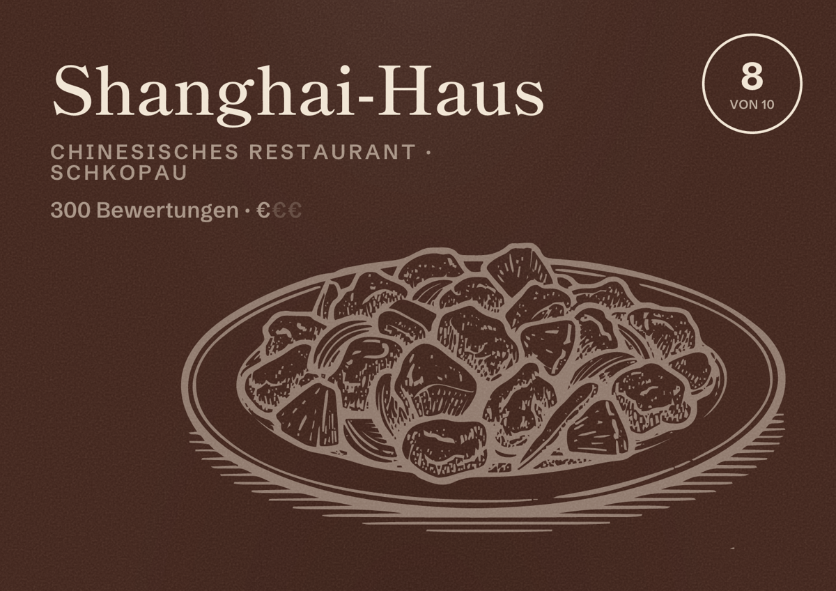 Illustriertes Poster von Shanghai-Haus, Chinesisches Restaurant in Schkopau: Bewertung 8 von 10 aus 300 Bewertungen, Preisniveau €