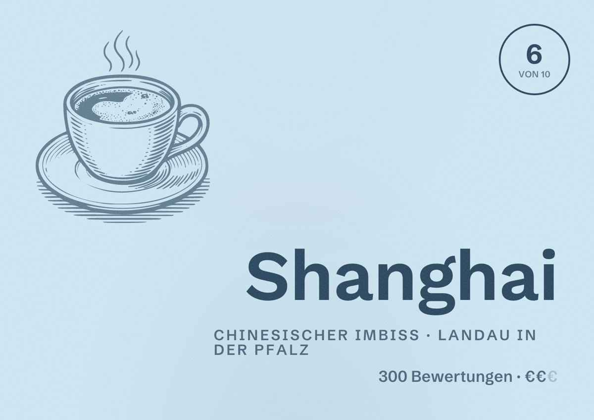 Illustriertes Poster von Shanghai, Chinesischer Imbiss in Landau in der Pfalz: Bewertung 6 von 10 aus 300 Bewertungen, Preisniveau €€