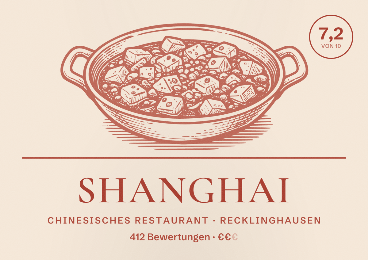 Illustriertes Poster von Shanghai, Chinesisches Restaurant in Recklinghausen: Bewertung 7,2 von 10 aus 412 Bewertungen, Preisniveau €€