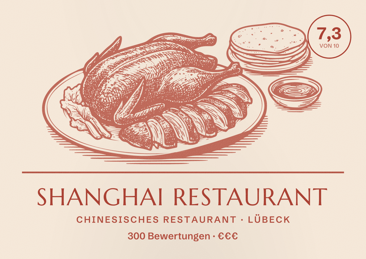 Illustriertes Poster von Shanghai Restaurant, Chinesisches Restaurant in Lübeck: Bewertung 7,3 von 10 aus 300 Bewertungen, Preisniveau €€€