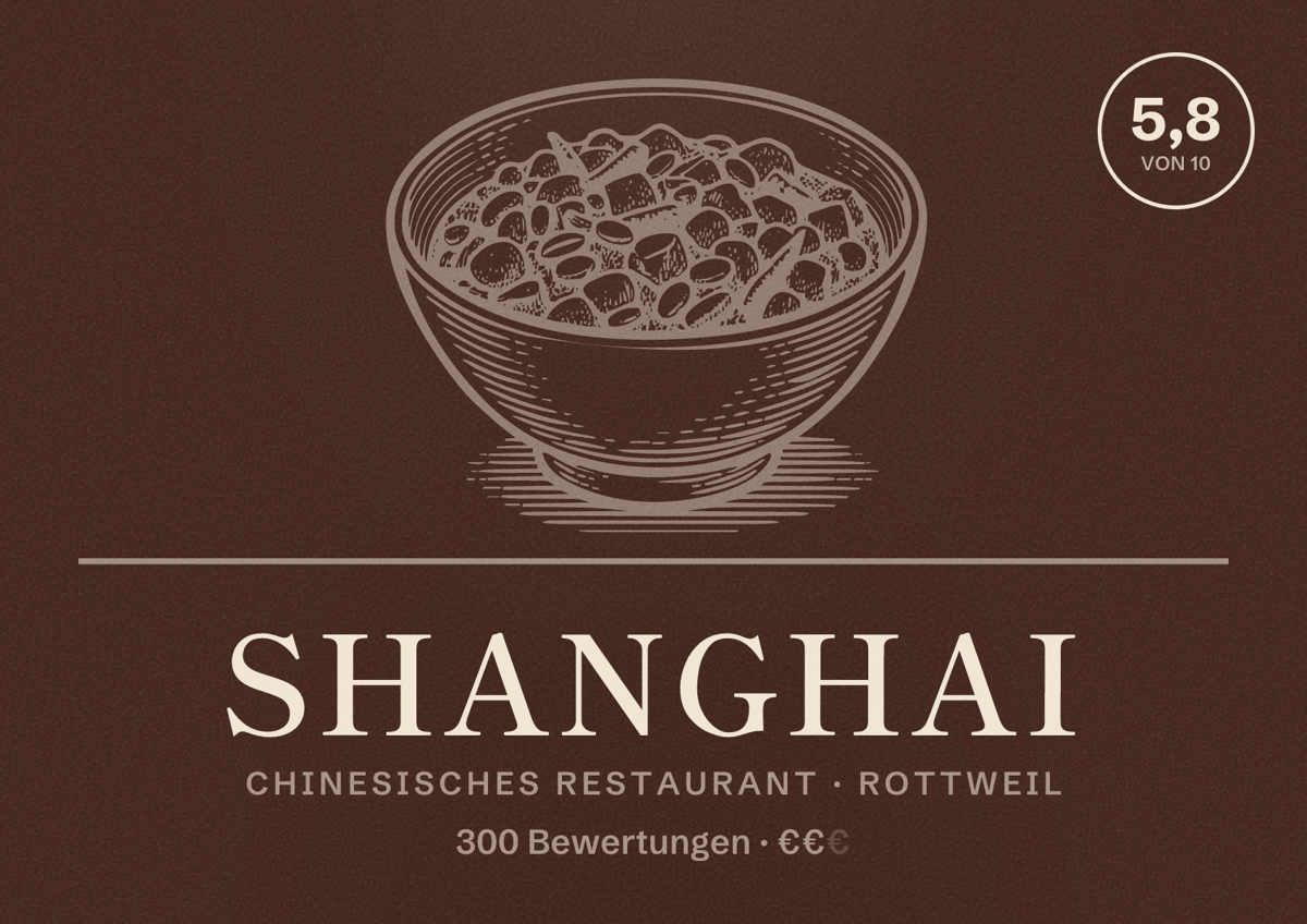 Illustriertes Poster von Shanghai, Chinesisches Restaurant in Rottweil: Bewertung 5,8 von 10 aus 300 Bewertungen, Preisniveau €€