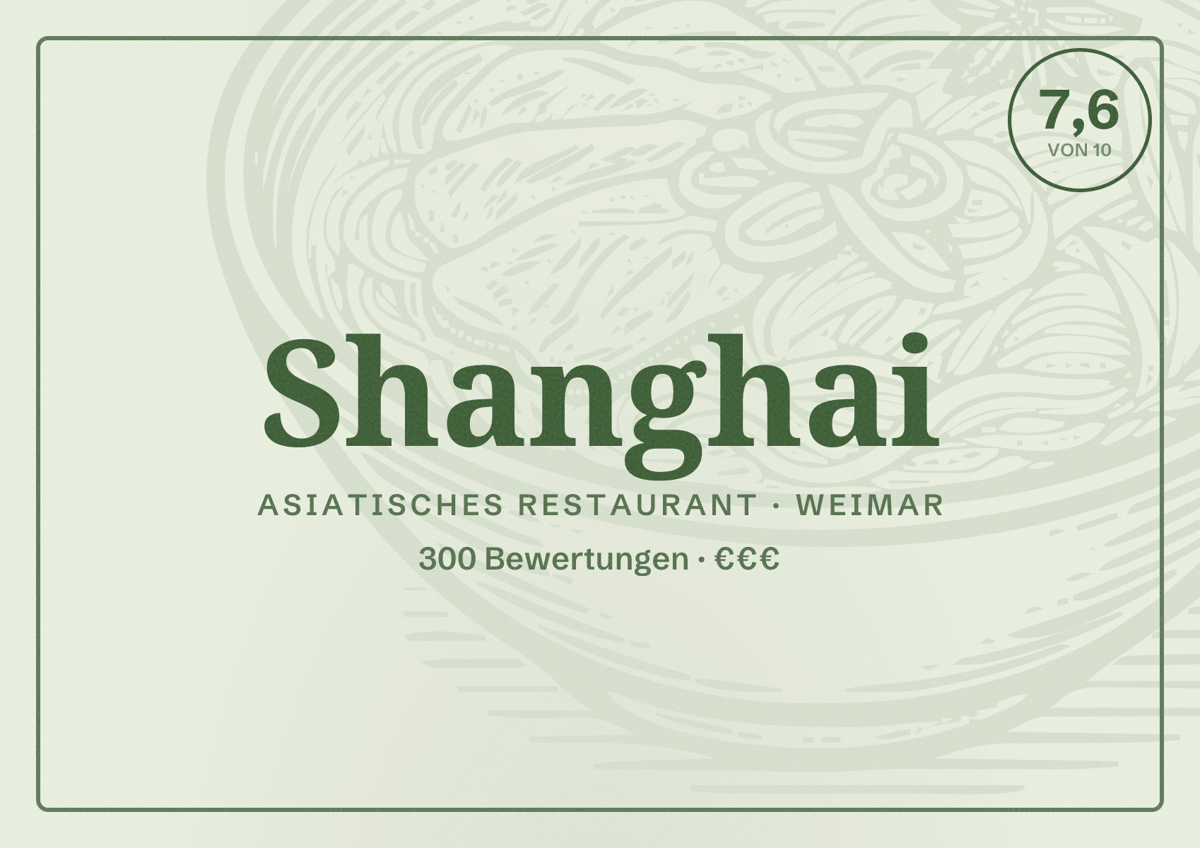 Illustriertes Poster von Shanghai, Asiatisches Restaurant in Weimar: Bewertung 7,6 von 10 aus 300 Bewertungen, Preisniveau €€€
