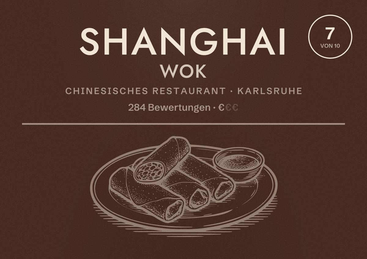 Illustriertes Poster von Shanghai Wok, Chinesisches Restaurant in Karlsruhe: Bewertung 7 von 10 aus 284 Bewertungen, Preisniveau €