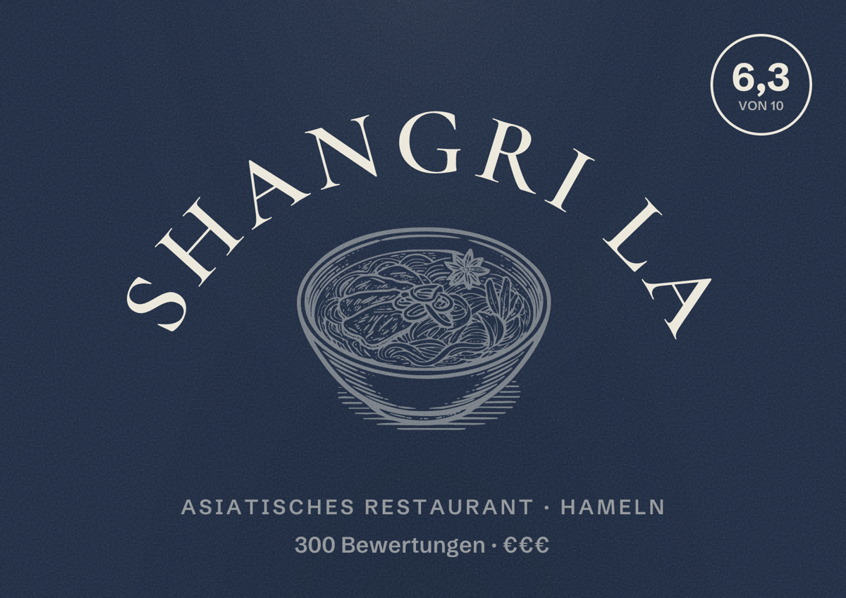 Illustriertes Poster von Shangri La, Asiatisches Restaurant in Hameln: Bewertung 6,3 von 10 aus 300 Bewertungen, Preisniveau €€€