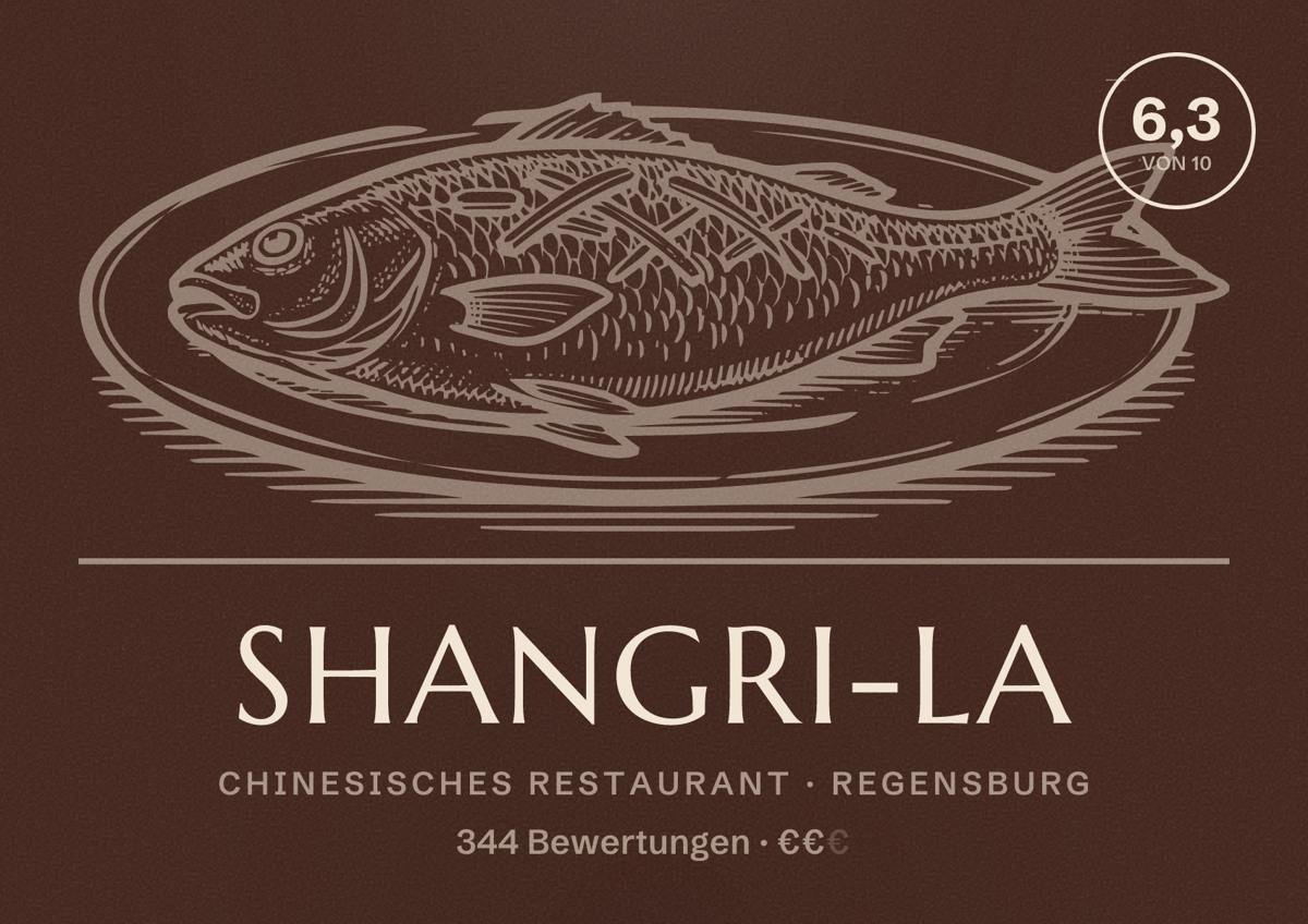Illustriertes Poster von Shangri-La, Chinesisches Restaurant in Regensburg: Bewertung 6,3 von 10 aus 344 Bewertungen, Preisniveau €€