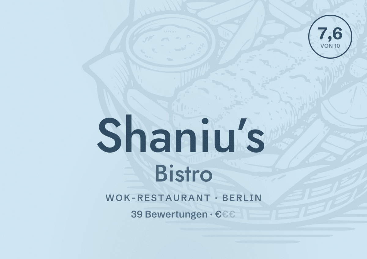 Illustriertes Poster von Shaniu’s Bistro, Wok-Restaurant in Berlin: Bewertung 7,6 von 10 aus 39 Bewertungen, Preisniveau €