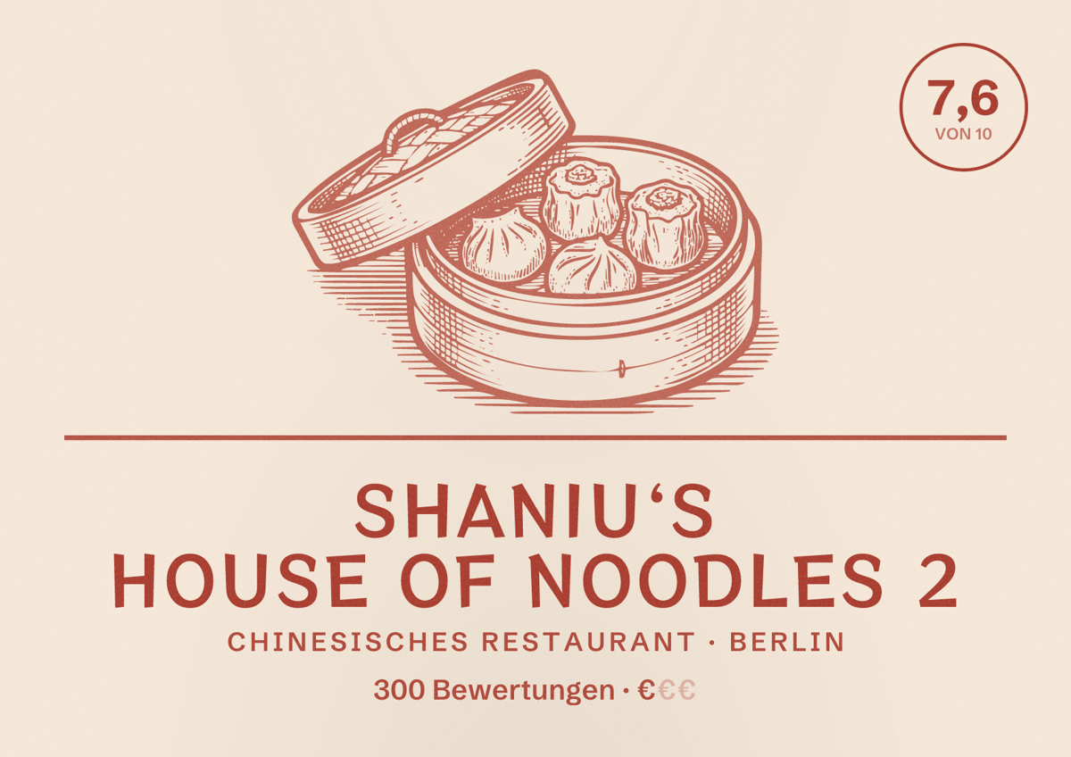 Illustriertes Poster von Shaniu‘s House of Noodles 2, Chinesisches Restaurant in Berlin: Bewertung 7,6 von 10 aus 300 Bewertungen, Preisniveau €