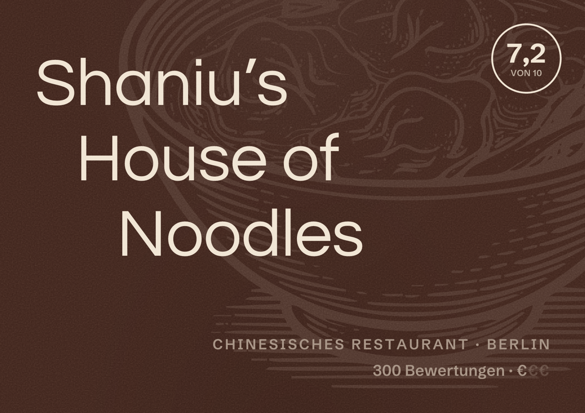 Illustriertes Poster von Shaniu’s House of Noodles, Chinesisches Restaurant in Berlin: Bewertung 7,2 von 10 aus 300 Bewertungen, Preisniveau €