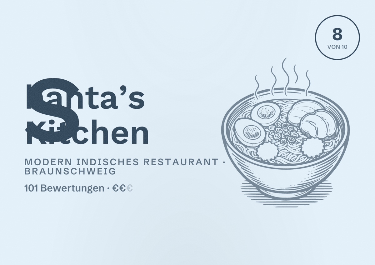 Illustriertes Poster von Shanta’s Kitchen, Modern indisches Restaurant in Braunschweig: Bewertung 8 von 10 aus 101 Bewertungen, Preisniveau €€
