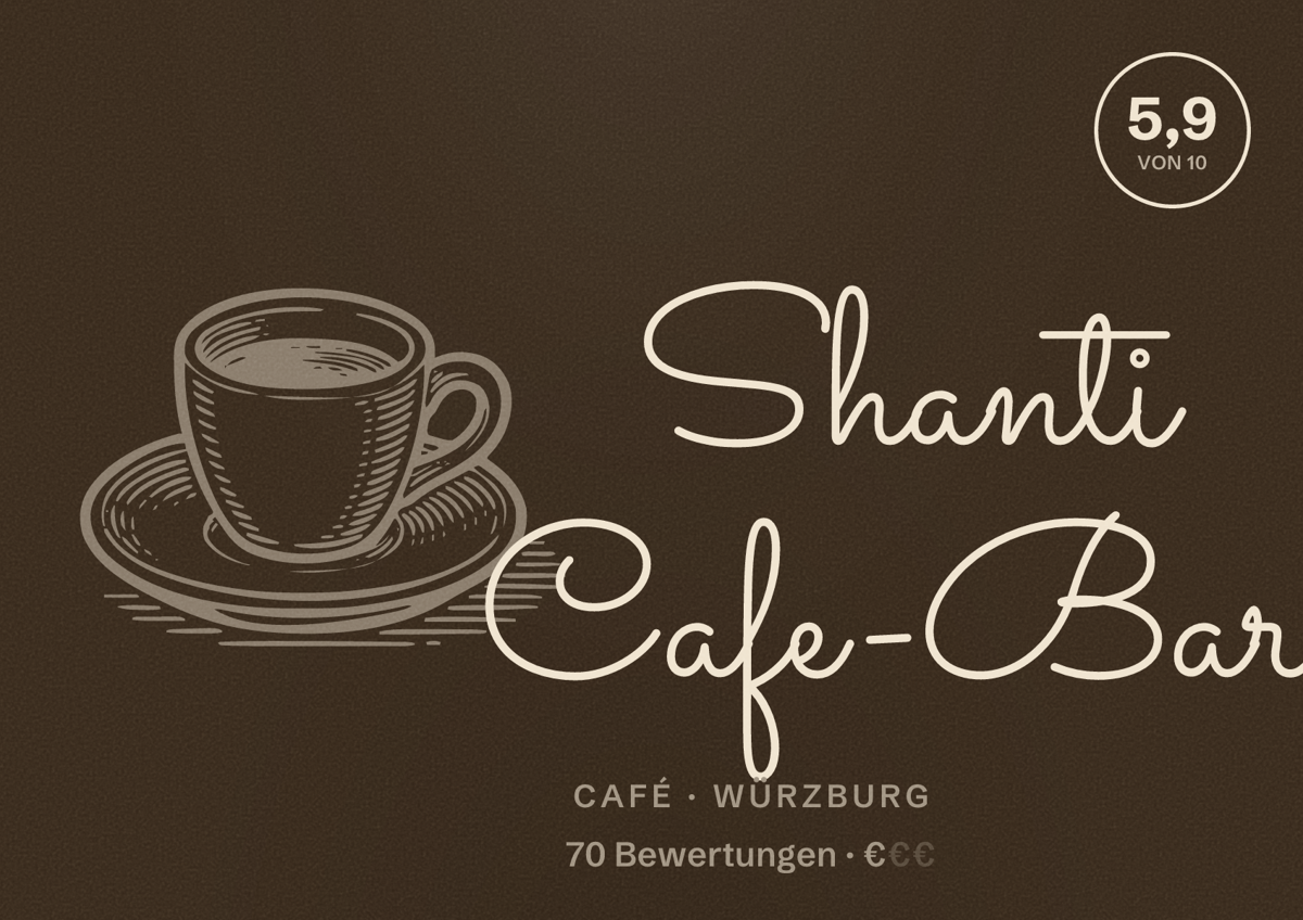 Illustriertes Poster von Shanti Cafe-Bar, Café in Würzburg: Bewertung 5,9 von 10 aus 70 Bewertungen, Preisniveau €