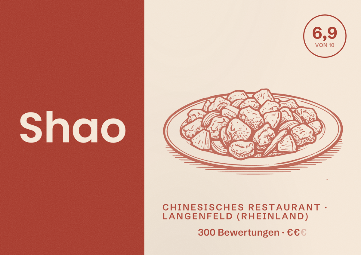 Illustriertes Poster von Shao, Chinesisches Restaurant in Langenfeld (Rheinland): Bewertung 6,9 von 10 aus 300 Bewertungen, Preisniveau €€