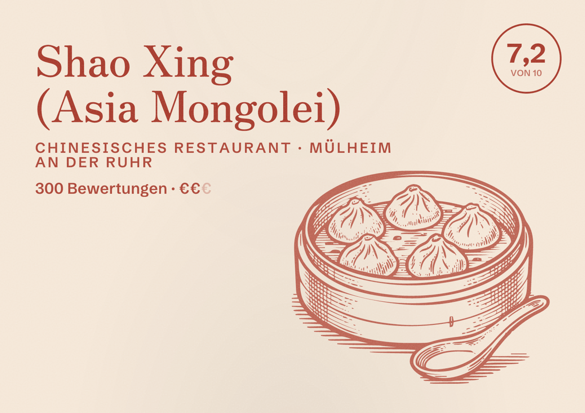 Illustriertes Poster von Shao Xing (Asia Mongolei), Chinesisches Restaurant in Mülheim an der Ruhr: Bewertung 7,2 von 10 aus 300 Bewertungen, Preisniveau €€