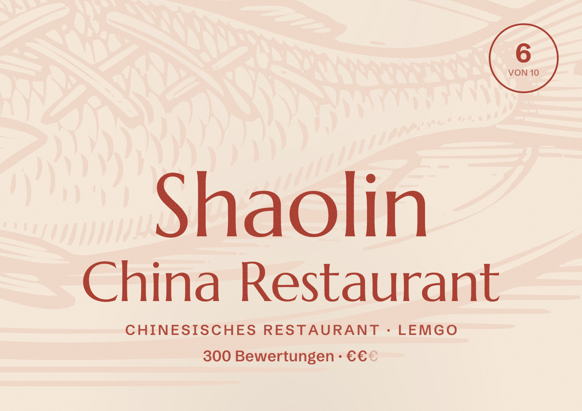 Illustriertes Poster von Shaolin China Restaurant, Chinesisches Restaurant in Lemgo: Bewertung 6 von 10 aus 300 Bewertungen, Preisniveau €€