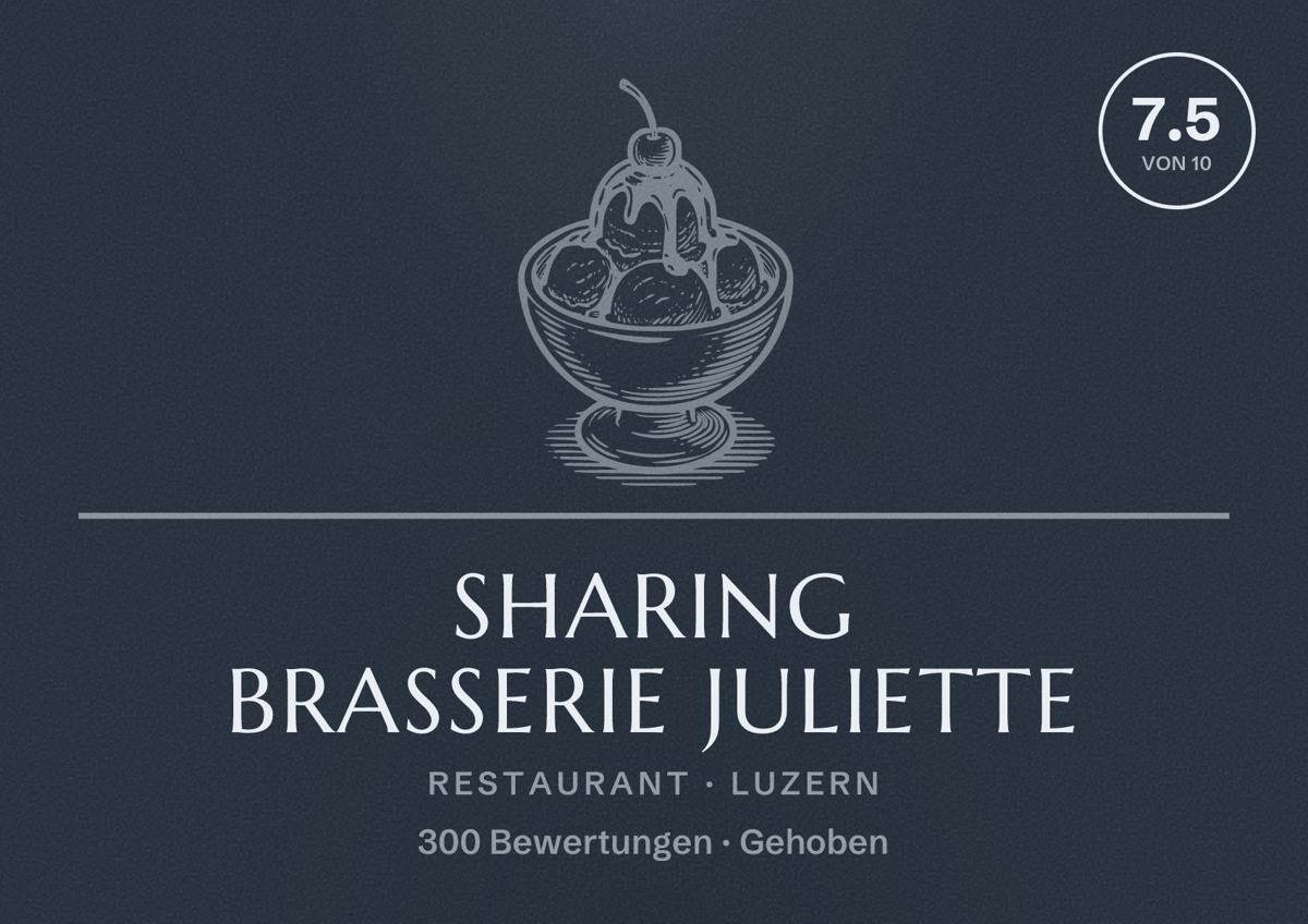 Illustriertes Poster von Sharing Brasserie Juliette, Restaurant in Luzern: Bewertung 7.5 von 10 aus 300 Bewertungen, Preisniveau Gehoben