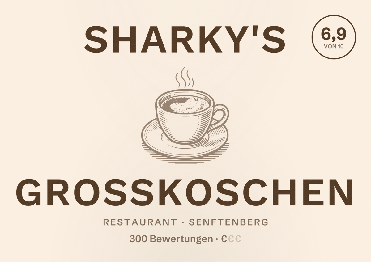 Illustriertes Poster von Sharky's Großkoschen, Restaurant in Senftenberg: Bewertung 6,9 von 10 aus 300 Bewertungen, Preisniveau €