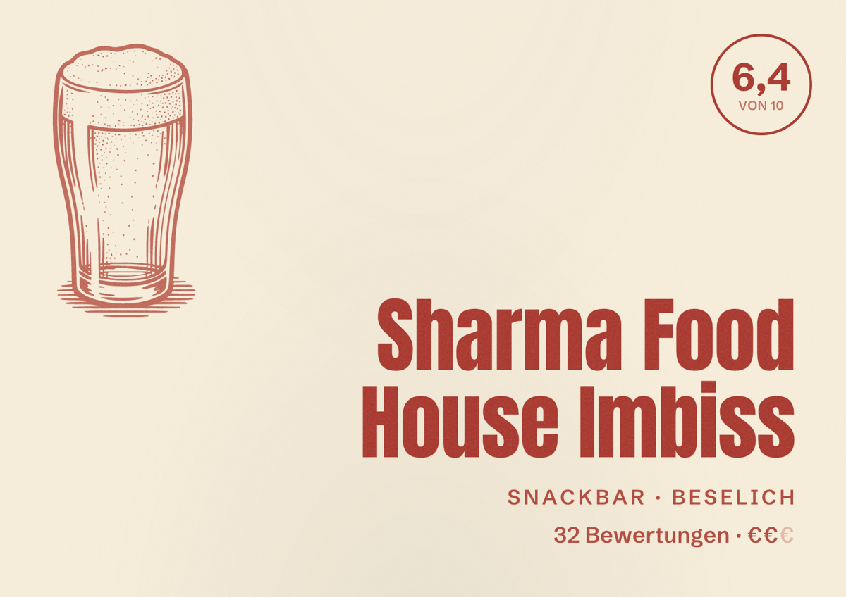 Illustriertes Poster von Sharma Food House Imbiss, Snackbar in Beselich: Bewertung 6,4 von 10 aus 32 Bewertungen, Preisniveau €€