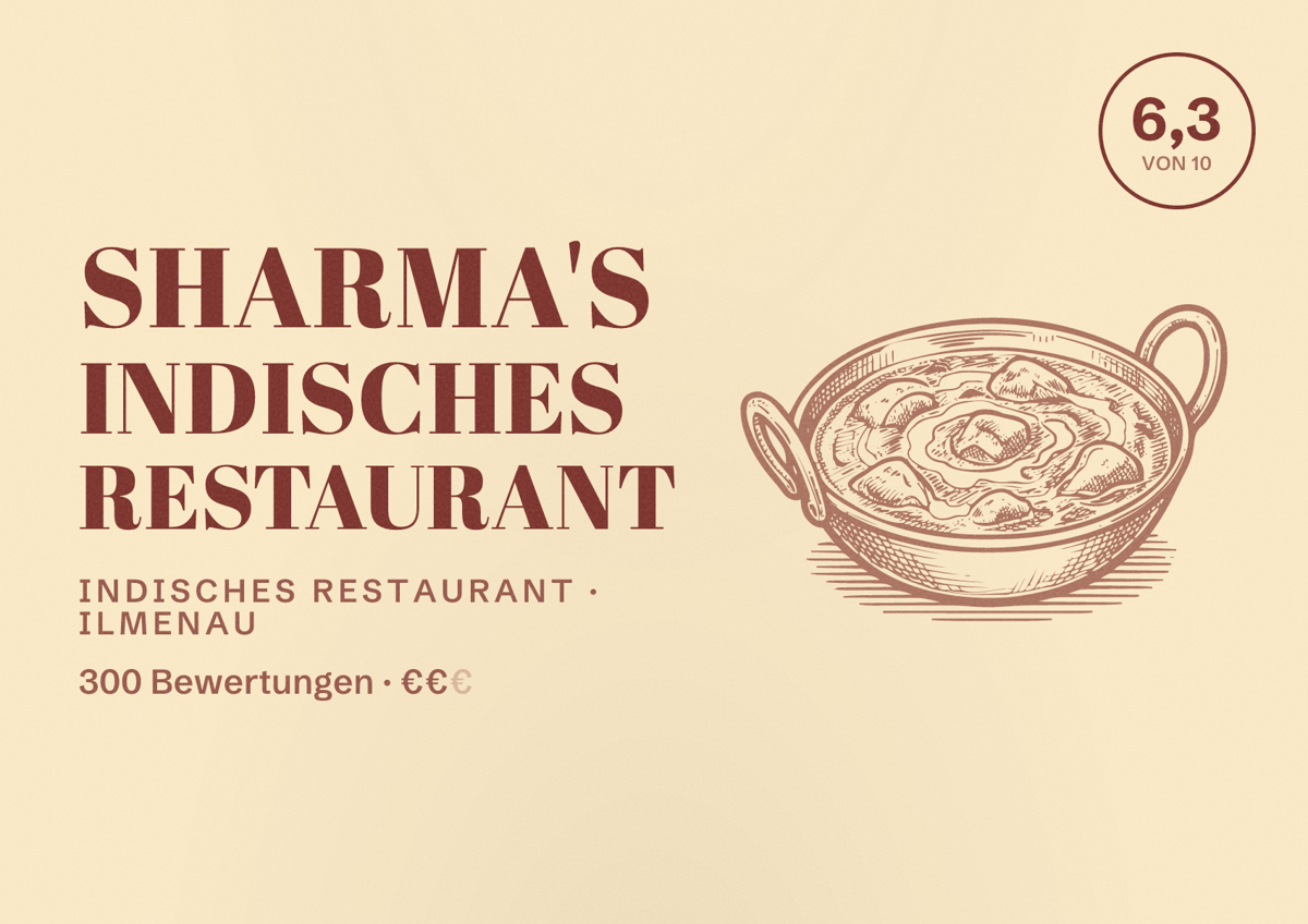 Illustriertes Poster von Sharma's Indisches Restaurant, Indisches Restaurant in Ilmenau: Bewertung 6,3 von 10 aus 300 Bewertungen, Preisniveau €€