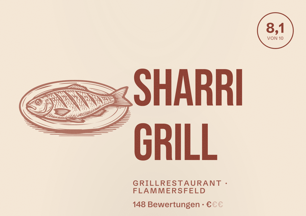 Illustriertes Poster von Sharri Grill, Grillrestaurant in Flammersfeld: Bewertung 8,1 von 10 aus 148 Bewertungen, Preisniveau €