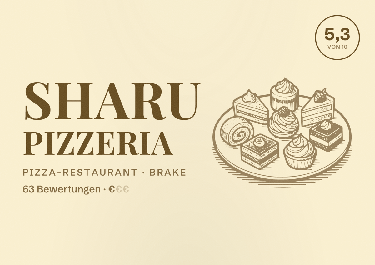 Illustriertes Poster von Sharu Pizzeria, Pizza-Restaurant in Brake: Bewertung 5,3 von 10 aus 63 Bewertungen, Preisniveau €