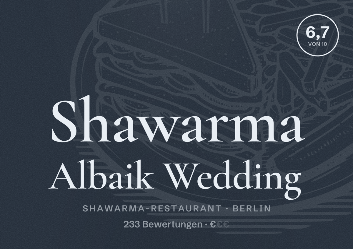 Illustriertes Poster von Shawarma Albaik Wedding, Shawarma-Restaurant in Berlin: Bewertung 6,7 von 10 aus 233 Bewertungen, Preisniveau €