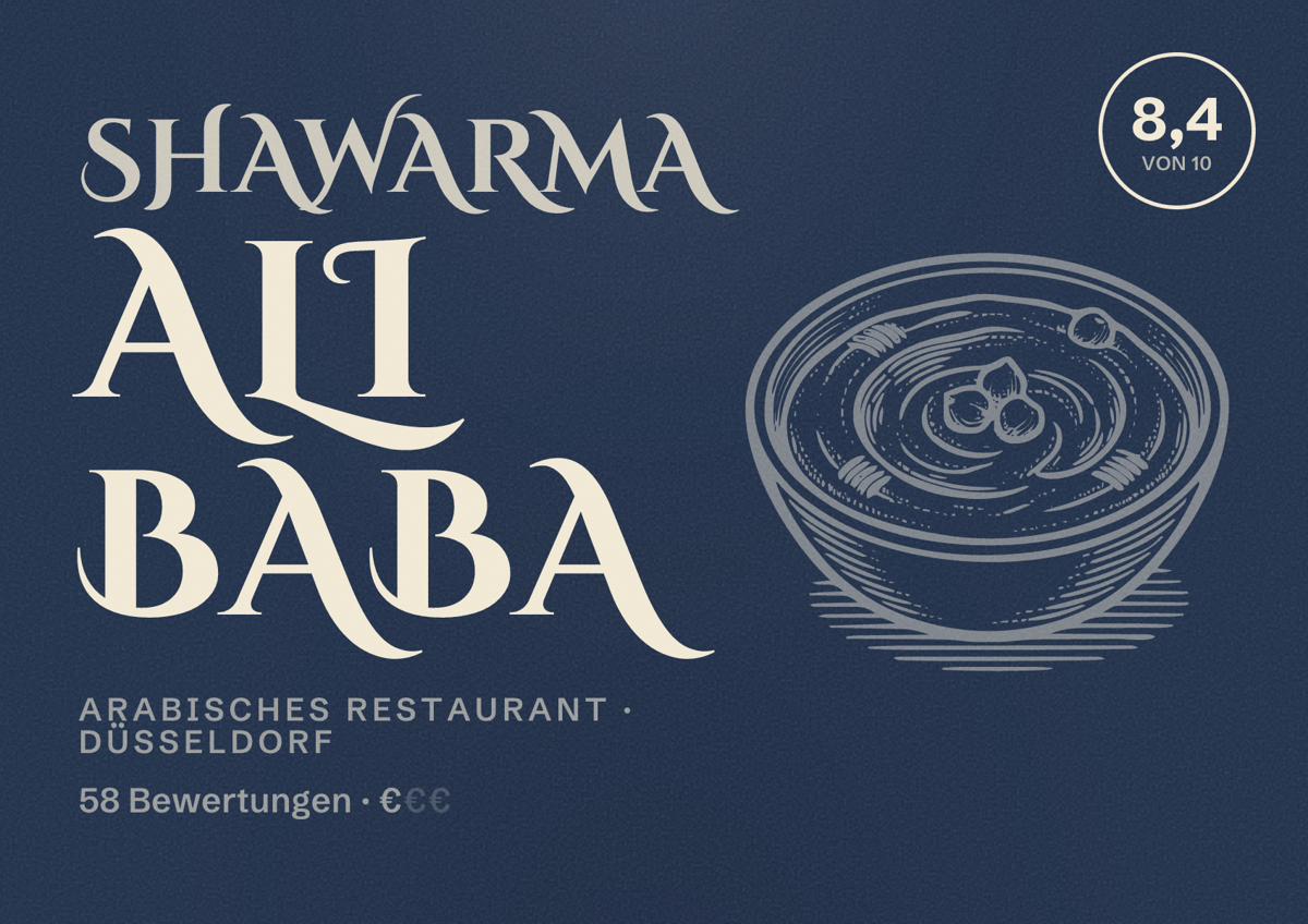 Illustriertes Poster von Shawarma Ali Baba, Arabisches Restaurant in Düsseldorf: Bewertung 8,4 von 10 aus 58 Bewertungen, Preisniveau €