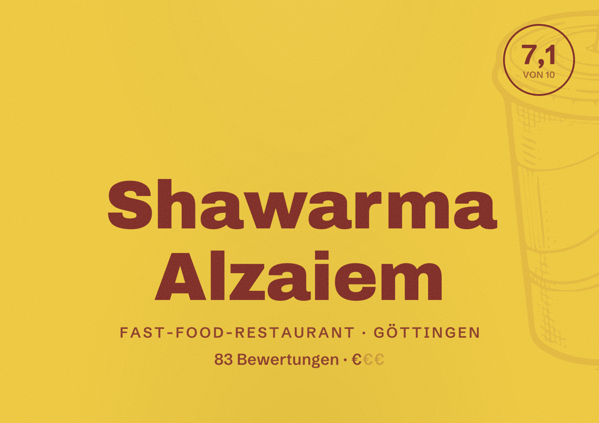 Illustriertes Poster von Shawarma Alzaiem, Fast-Food-Restaurant in Göttingen: Bewertung 7,1 von 10 aus 83 Bewertungen, Preisniveau €