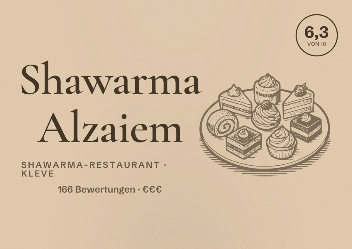 Illustriertes Poster von Shawarma Alzaiem, Shawarma-Restaurant in Kleve: Bewertung 6,3 von 10 aus 166 Bewertungen, Preisniveau €€€