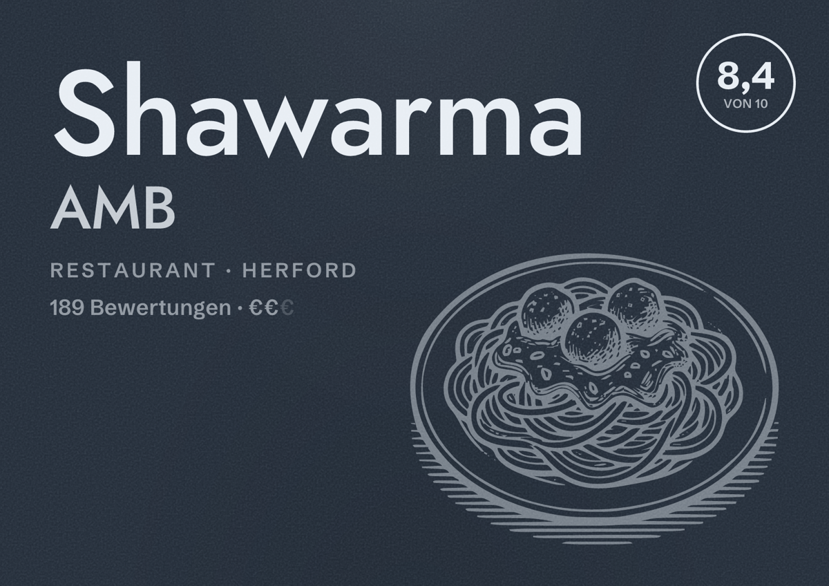 Illustriertes Poster von Shawarma AMB, Restaurant in Herford: Bewertung 8,4 von 10 aus 189 Bewertungen, Preisniveau €€