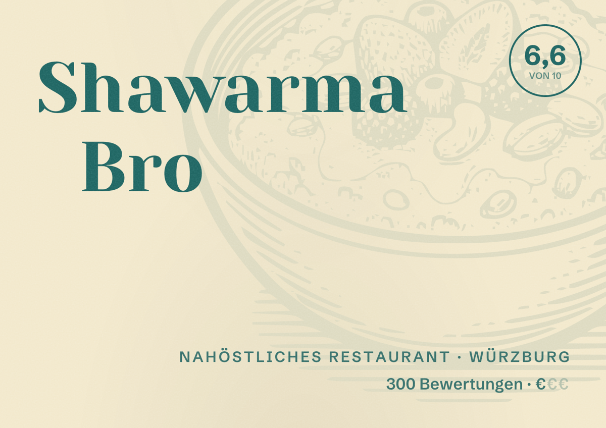 Illustriertes Poster von Shawarma Bro, Nahöstliches Restaurant in Würzburg: Bewertung 6,6 von 10 aus 300 Bewertungen, Preisniveau €