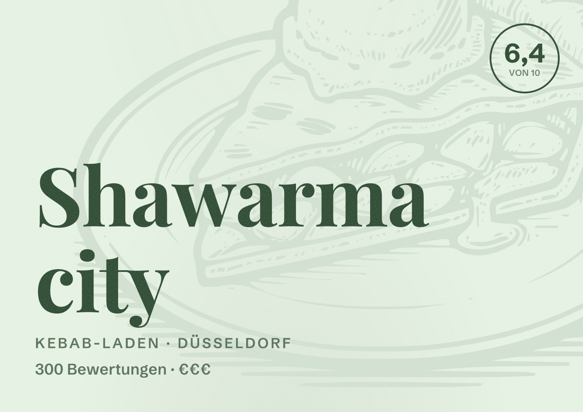 Illustriertes Poster von Shawarma city, Kebab-Laden in Düsseldorf: Bewertung 6,4 von 10 aus 300 Bewertungen, Preisniveau €€€