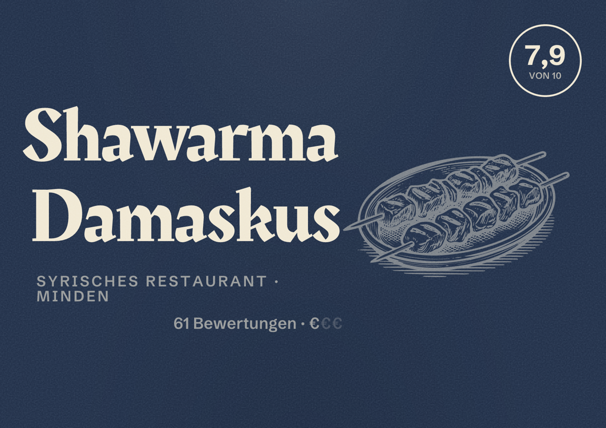 Illustriertes Poster von Shawarma Damaskus, Syrisches Restaurant in Minden: Bewertung 7,9 von 10 aus 61 Bewertungen, Preisniveau €