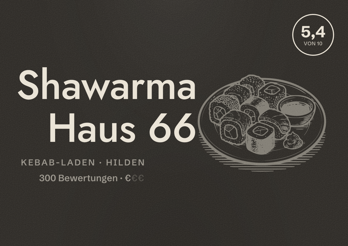 Illustriertes Poster von Shawarma Haus 66, Kebab-Laden in Hilden: Bewertung 5,4 von 10 aus 300 Bewertungen, Preisniveau €