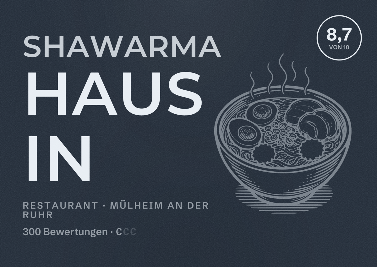 Illustriertes Poster von Shawarma Haus in, Restaurant in Mülheim an der Ruhr: Bewertung 8,7 von 10 aus 300 Bewertungen, Preisniveau €