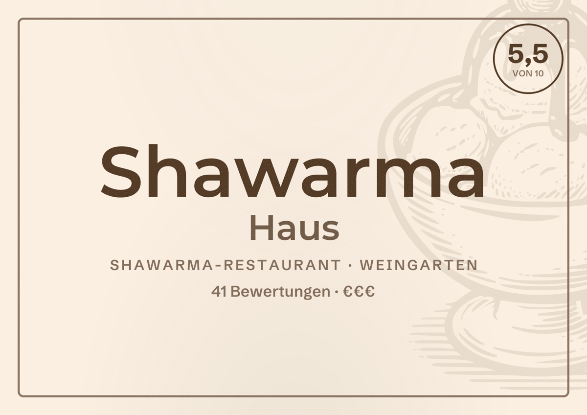 Illustriertes Poster von Shawarma Haus, Shawarma-Restaurant in Weingarten: Bewertung 5,5 von 10 aus 41 Bewertungen, Preisniveau €€€