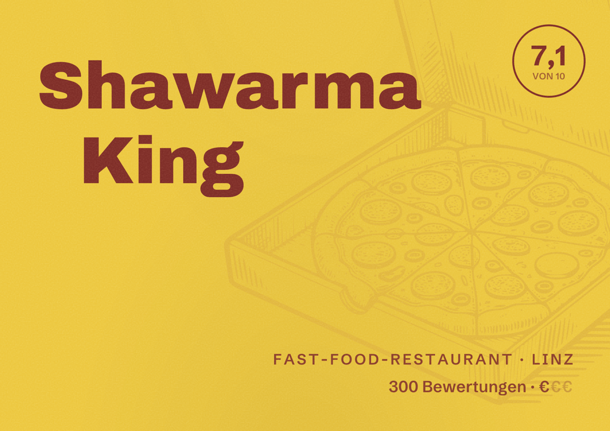 Illustriertes Poster von Shawarma King, Fast-Food-Restaurant in Linz: Bewertung 7,1 von 10 aus 300 Bewertungen, Preisniveau €