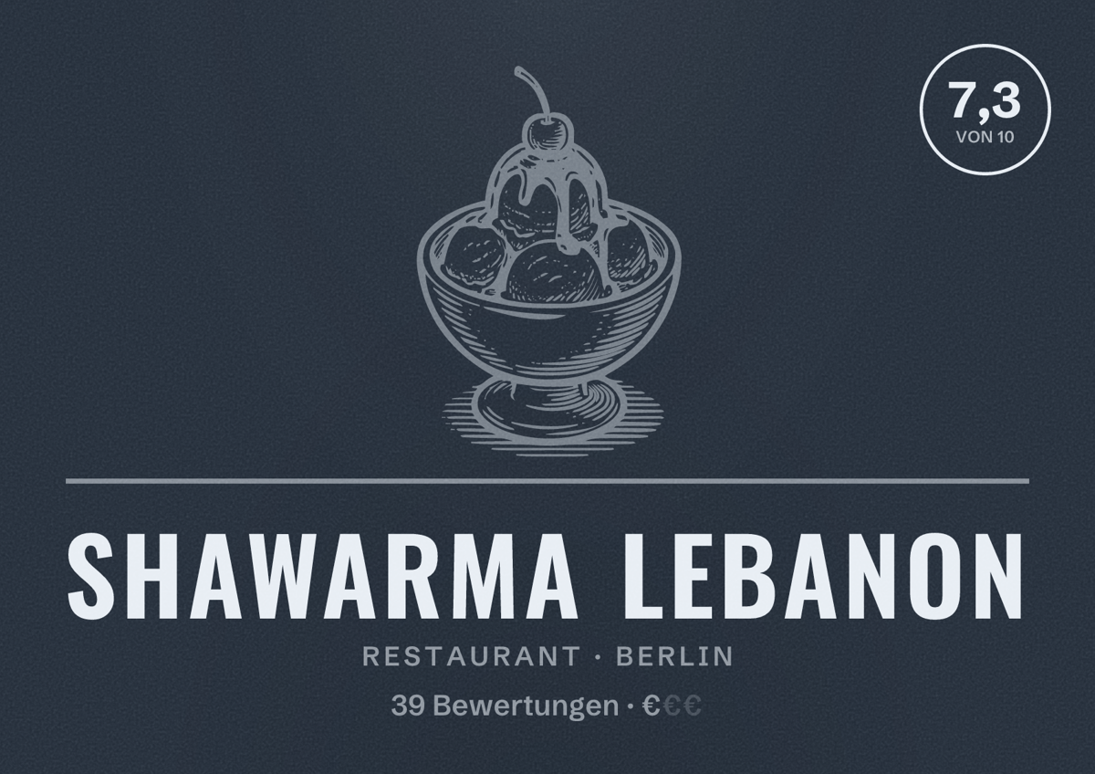 Illustriertes Poster von Shawarma Lebanon, Restaurant in Berlin: Bewertung 7,3 von 10 aus 39 Bewertungen, Preisniveau €