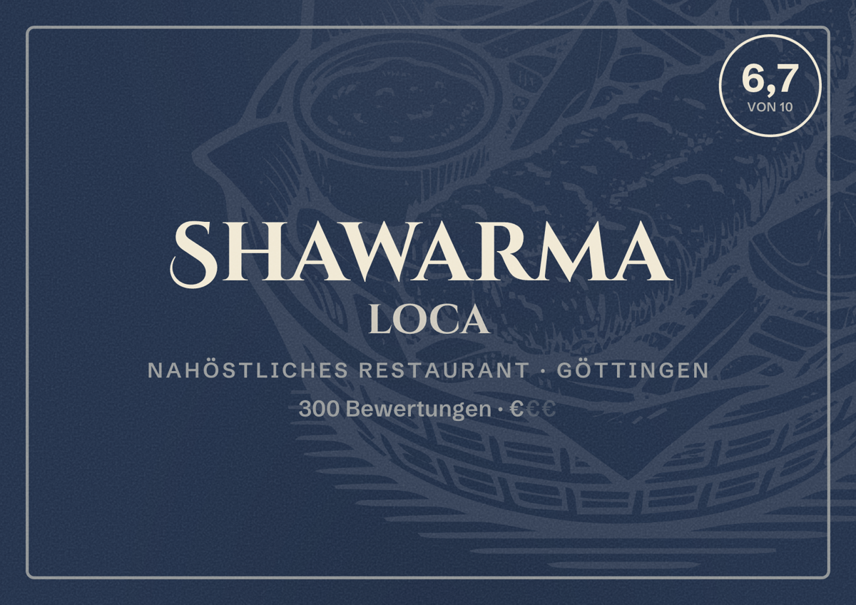 Illustriertes Poster von Shawarma loca, Nahöstliches Restaurant in Göttingen: Bewertung 6,7 von 10 aus 300 Bewertungen, Preisniveau €