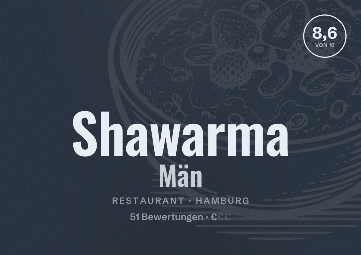 Illustriertes Poster von Shawarma Män, Restaurant in Hamburg: Bewertung 8,6 von 10 aus 51 Bewertungen, Preisniveau €