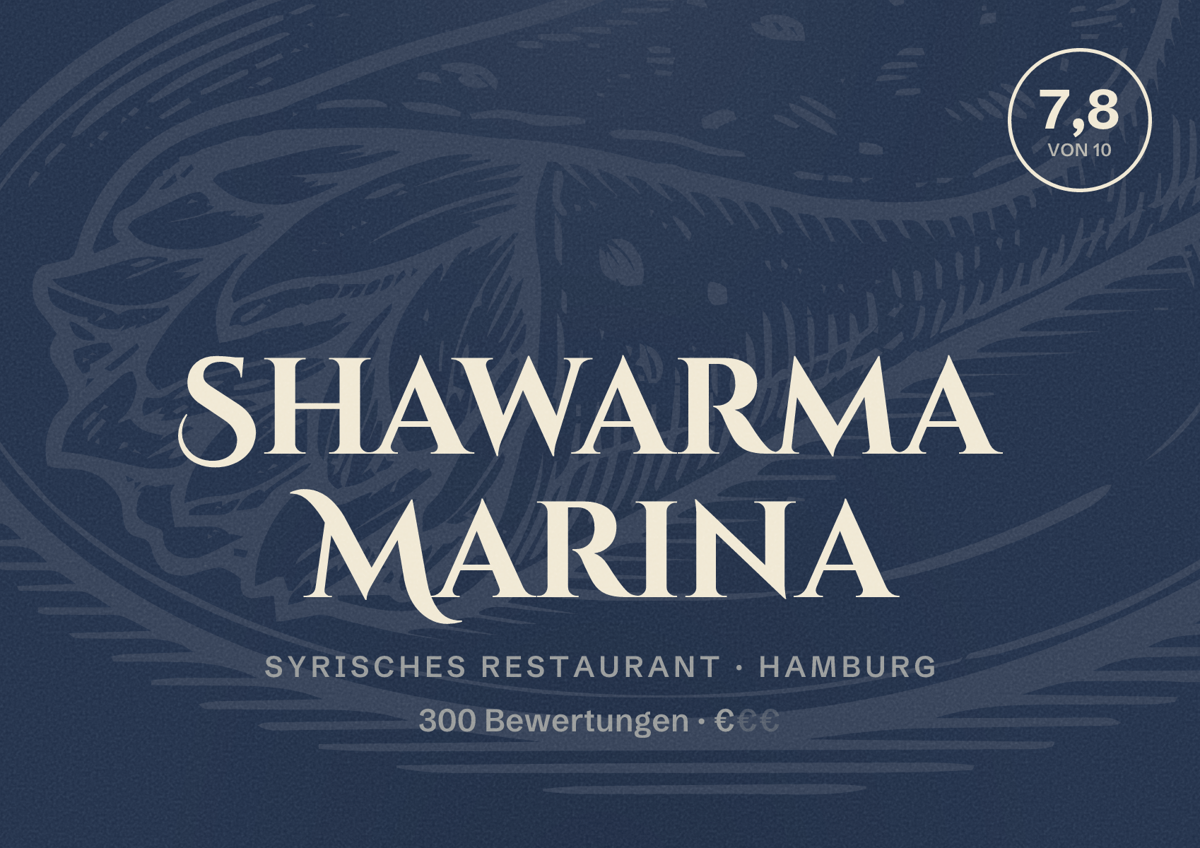 Illustriertes Poster von Shawarma Marina, Syrisches Restaurant in Hamburg: Bewertung 7,8 von 10 aus 300 Bewertungen, Preisniveau €