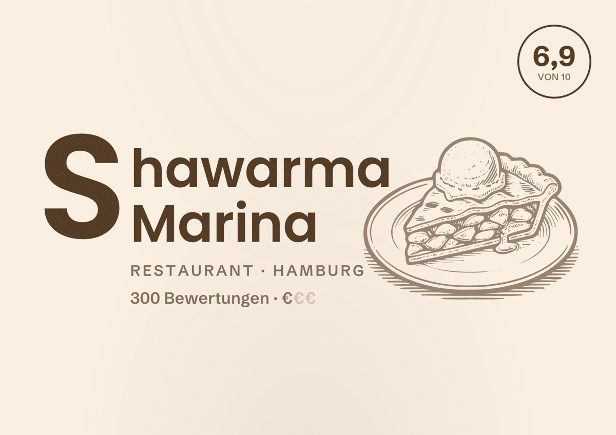 Illustriertes Poster von Shawarma Marina, Restaurant in Hamburg: Bewertung 6,9 von 10 aus 300 Bewertungen, Preisniveau €
