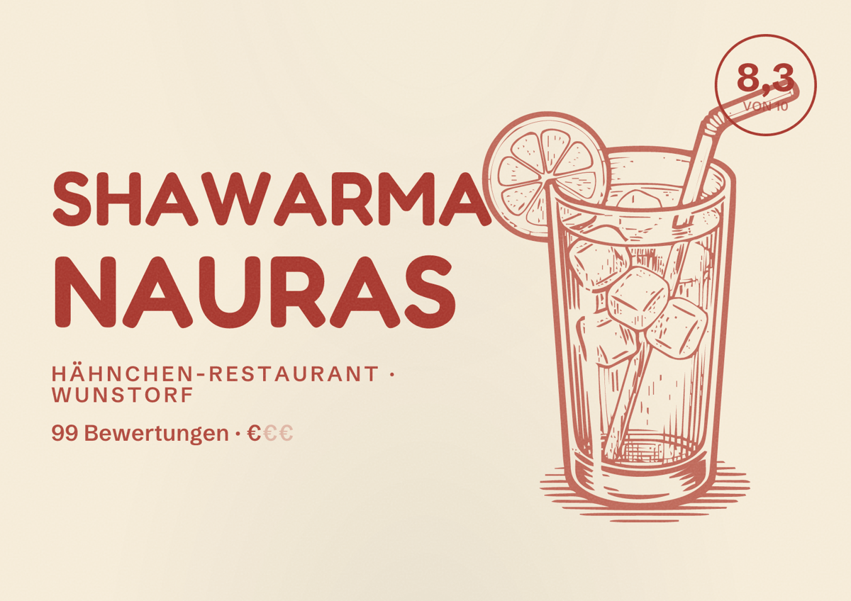 Illustriertes Poster von Shawarma nauras, Hähnchen-Restaurant in Wunstorf: Bewertung 8,3 von 10 aus 99 Bewertungen, Preisniveau €