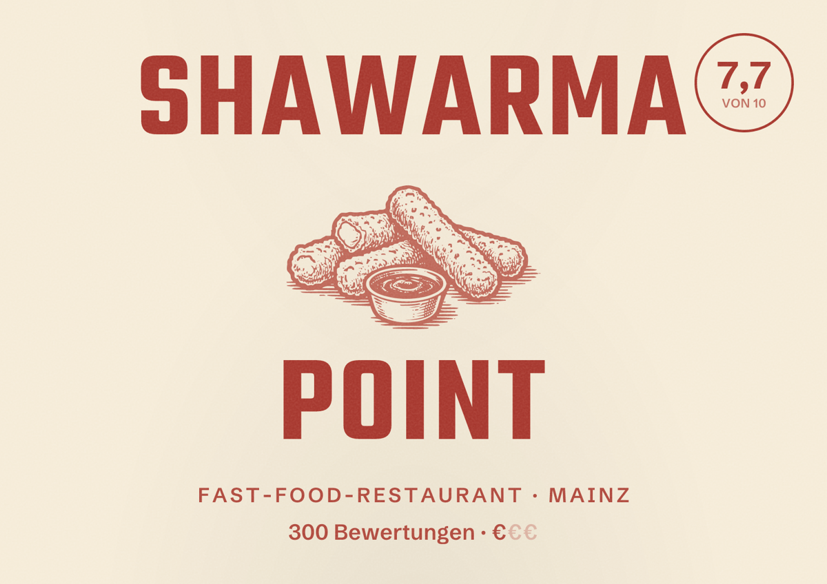 Illustriertes Poster von Shawarma Point, Fast-Food-Restaurant in Mainz: Bewertung 7,7 von 10 aus 300 Bewertungen, Preisniveau €