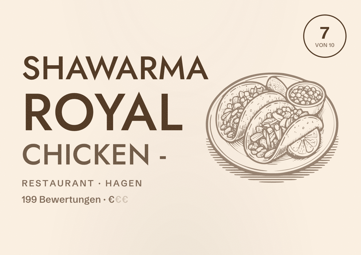 Illustriertes Poster von Shawarma Royal Chicken -, Restaurant in Hagen: Bewertung 7 von 10 aus 199 Bewertungen, Preisniveau €